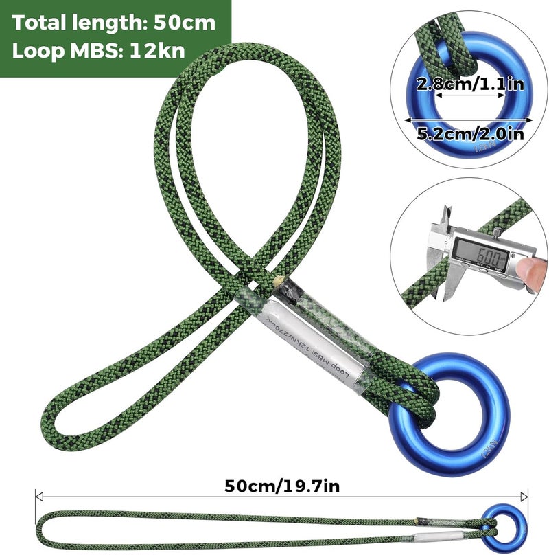 KINGTLE 6mm Prusik Loop Cord - Polyester, 48cm Length Double Braid Rope with Rappel Ring, Polyester Aramid Construction 12kN Load Capacity, Zero-Slip Grip (Green) - Image 2